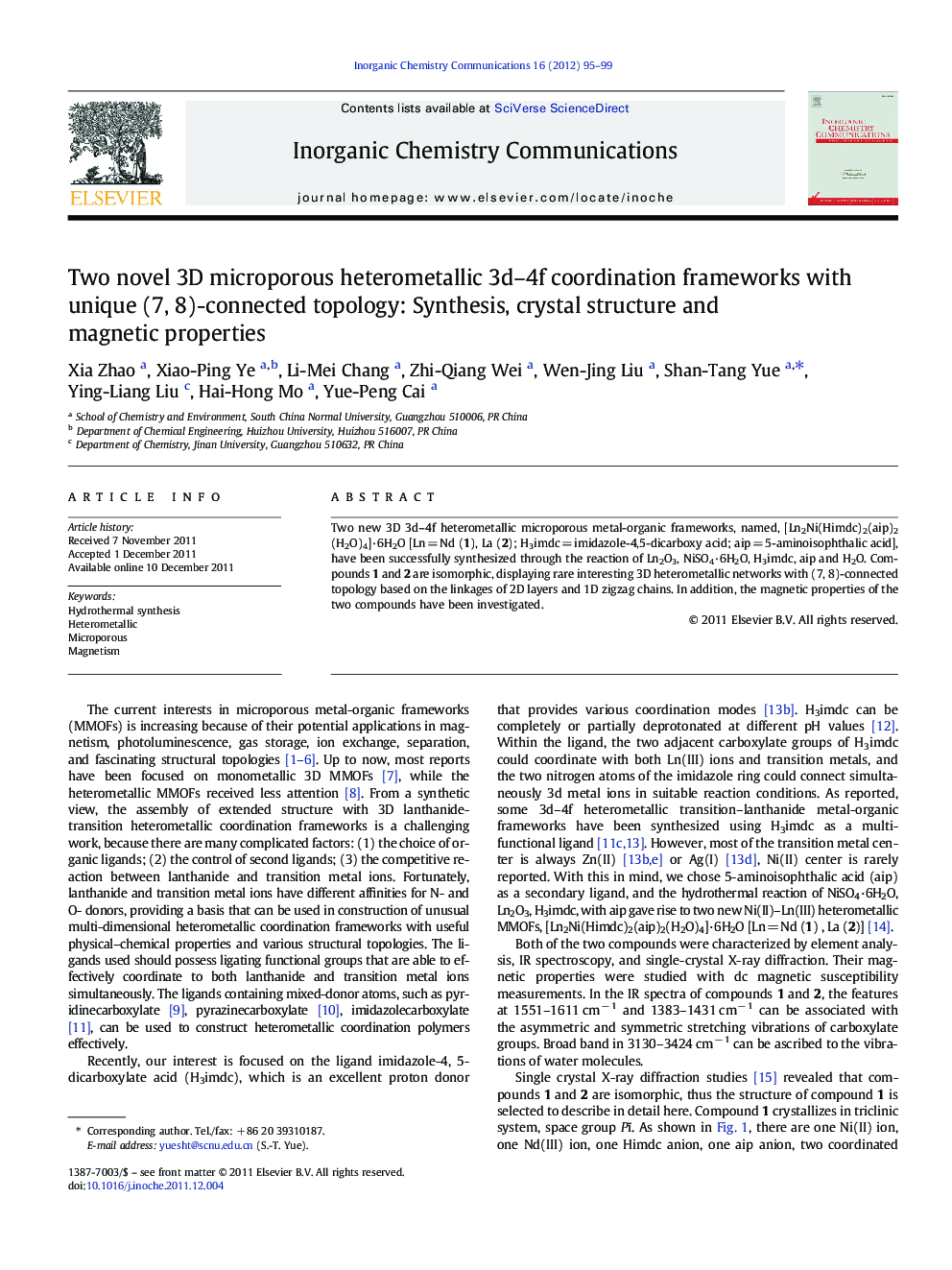 Two novel 3D microporous heterometallic 3d–4f coordination frameworks with unique (7, 8)-connected topology: Synthesis, crystal structure and magnetic properties