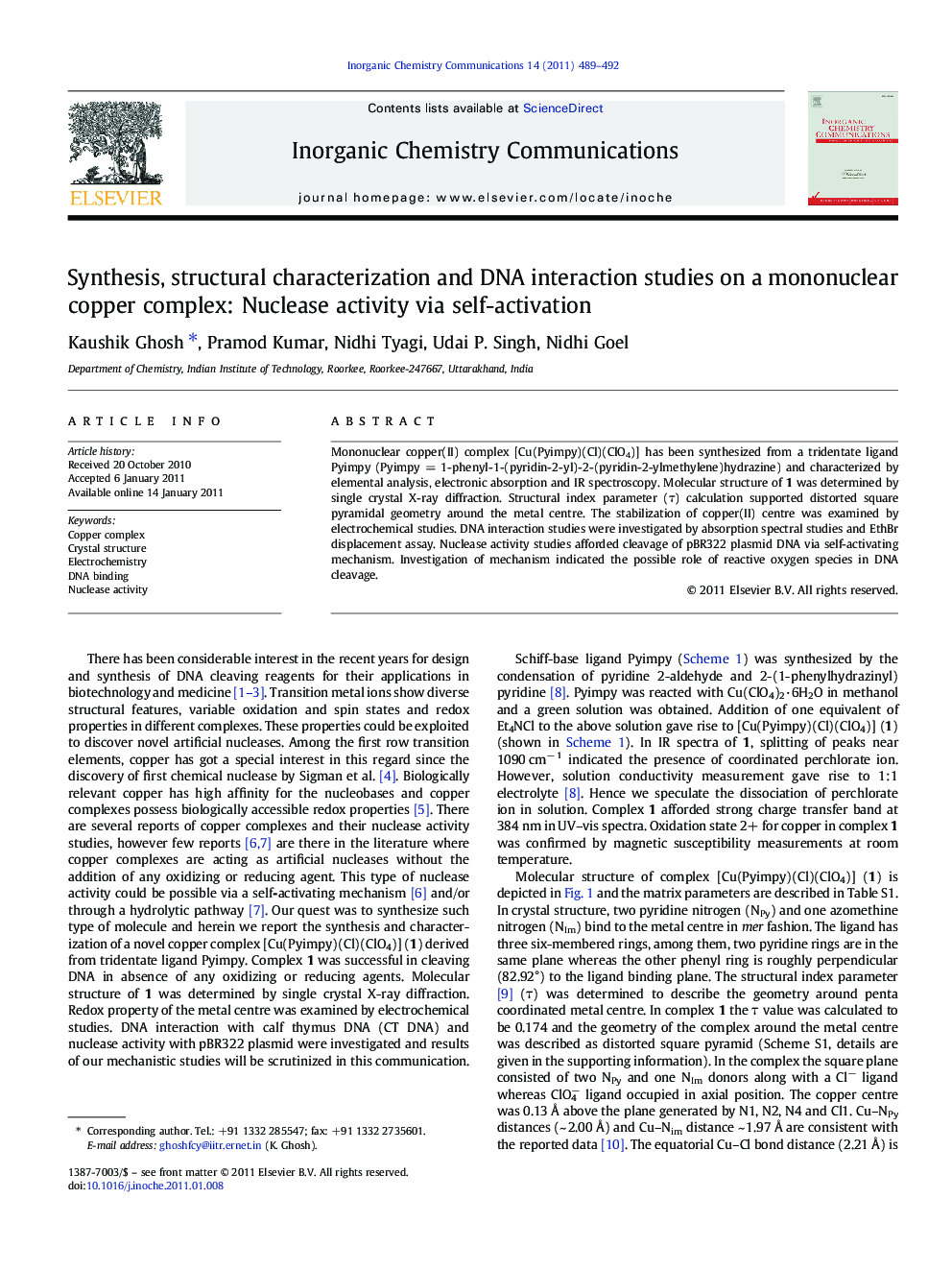 Synthesis, structural characterization and DNA interaction studies on a mononuclear copper complex: Nuclease activity via self-activation