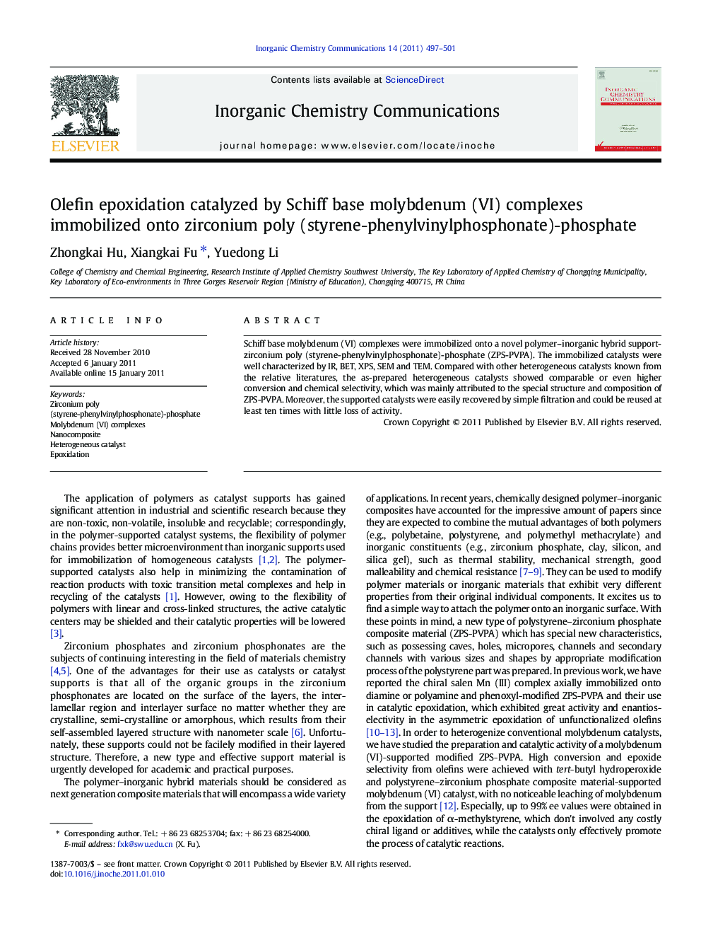 Olefin epoxidation catalyzed by Schiff base molybdenum (VI) complexes immobilized onto zirconium poly (styrene-phenylvinylphosphonate)-phosphate