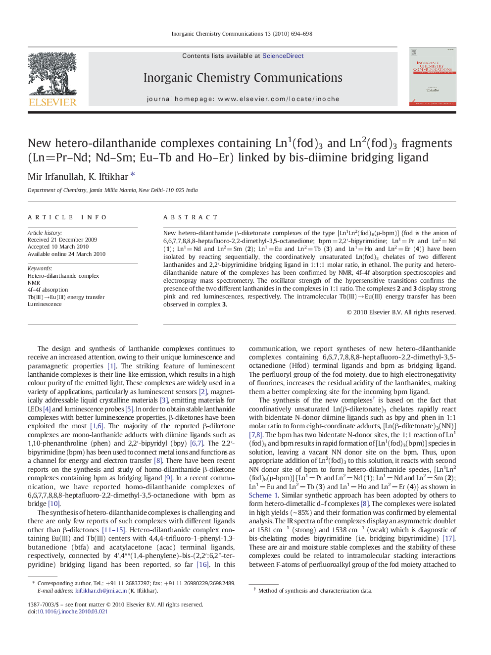 New hetero-dilanthanide complexes containing Ln1(fod)3 and Ln2(fod)3 fragments (Ln=Pr–Nd; Nd–Sm; Eu–Tb and Ho–Er) linked by bis-diimine bridging ligand