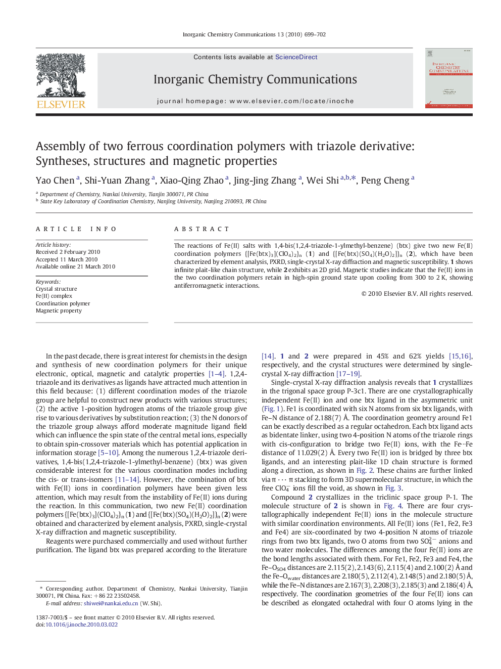 Assembly of two ferrous coordination polymers with triazole derivative: Syntheses, structures and magnetic properties