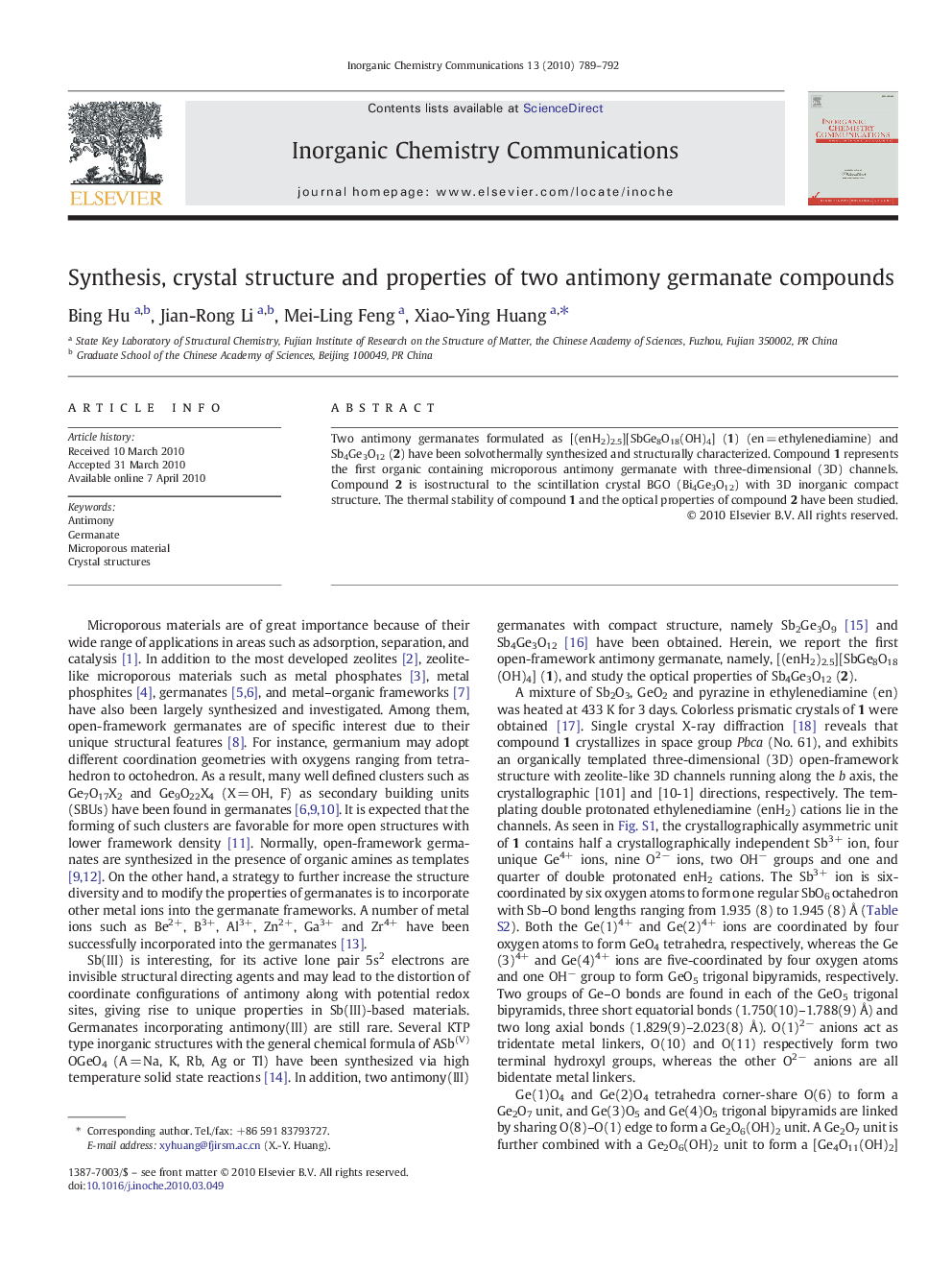 عکس صفحه اول مقاله: Synthesis, crystal structure and properties of two antimony germanate compounds Synthesis, crystal structure and properties of two antimony germanate compounds