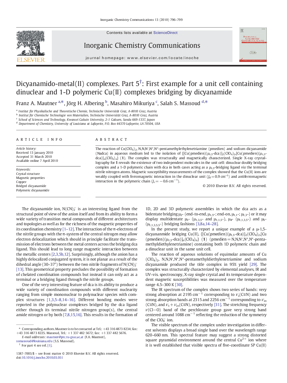 Dicyanamido-metal(II) complexes. Part 5†: First example for a unit cell containing dinuclear and 1-D polymeric Cu(II) complexes bridging by dicyanamide