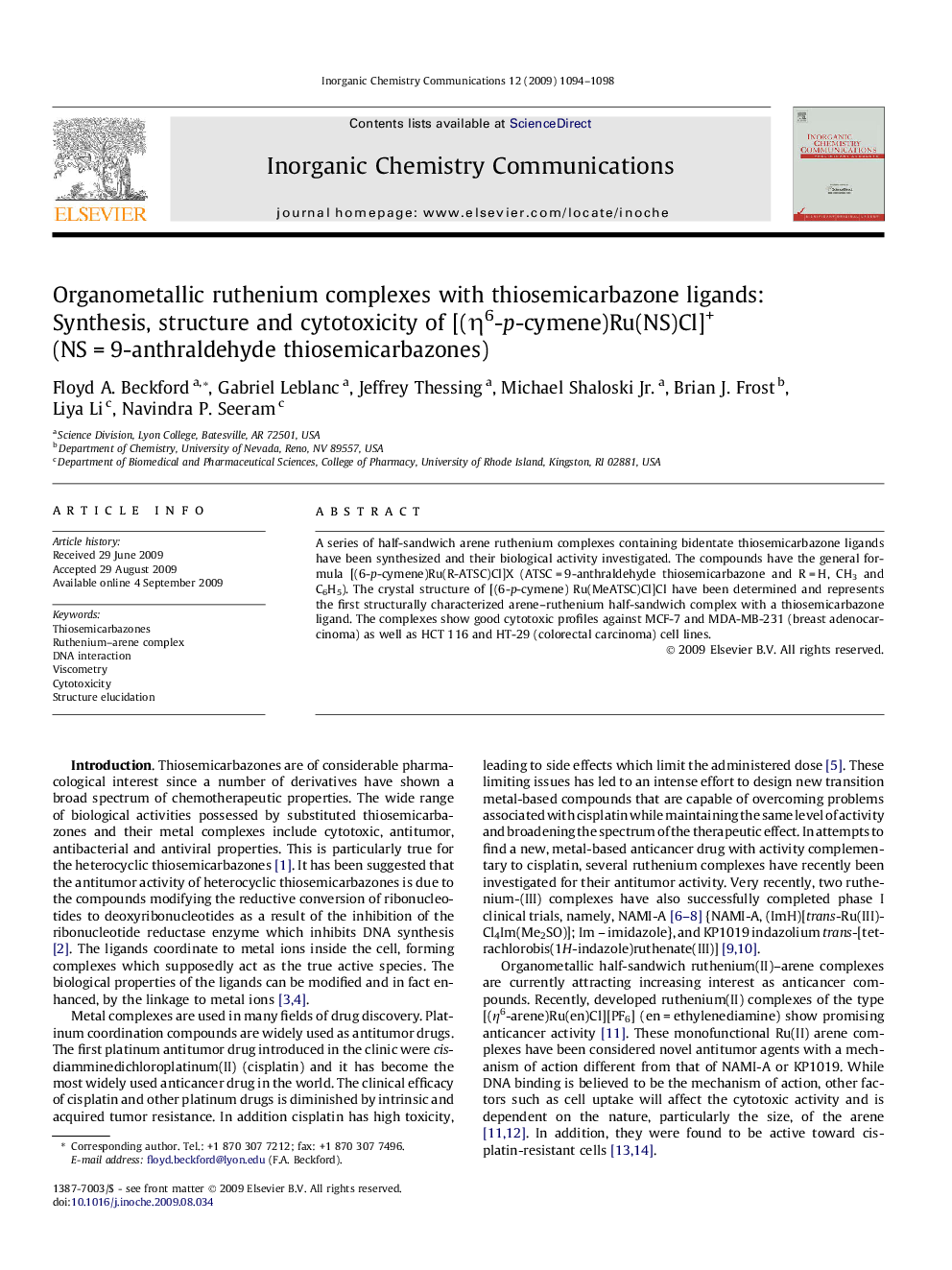 Organometallic ruthenium complexes with thiosemicarbazone ligands: Synthesis, structure and cytotoxicity of [(η6-p-cymene)Ru(NS)Cl]+ (NS = 9-anthraldehyde thiosemicarbazones)