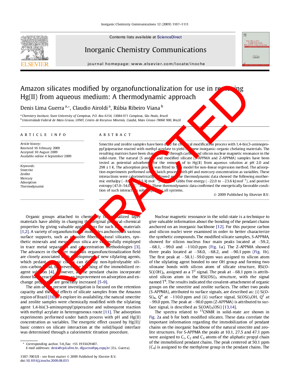 RETRACTED: Amazon silicates modified by organofunctionalization for use in removing Hg(II) from aqueous medium: A thermodynamic approach