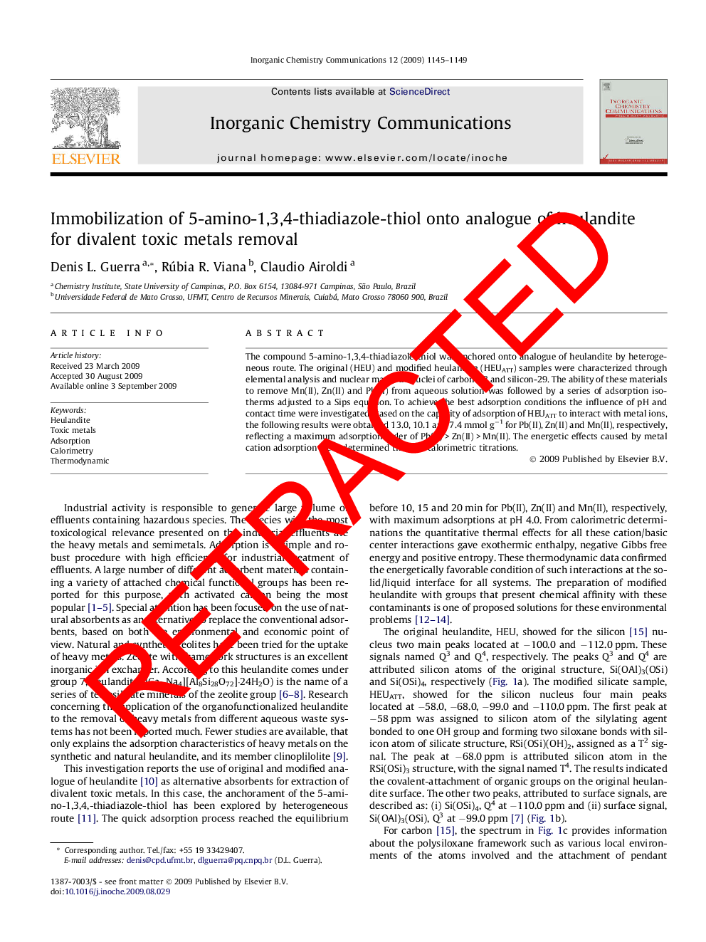 RETRACTED: Immobilization of 5-amino-1,3,4-thiadiazole-thiol onto analogue of heulandite for divalent toxic metals removal