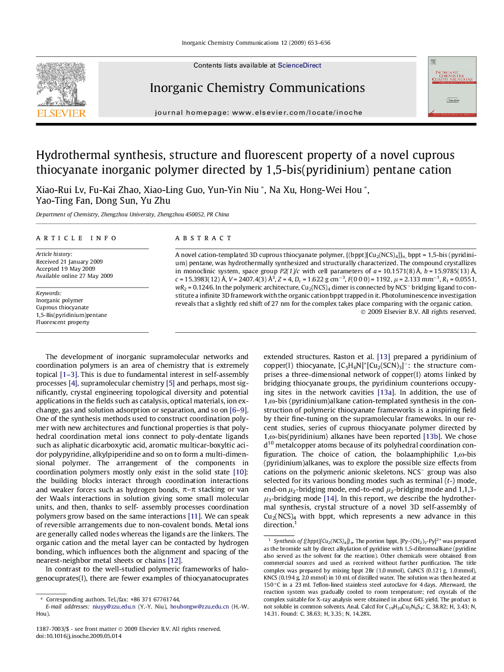 Hydrothermal synthesis, structure and fluorescent property of a novel cuprous thiocyanate inorganic polymer directed by 1,5-bis(pyridinium) pentane cation