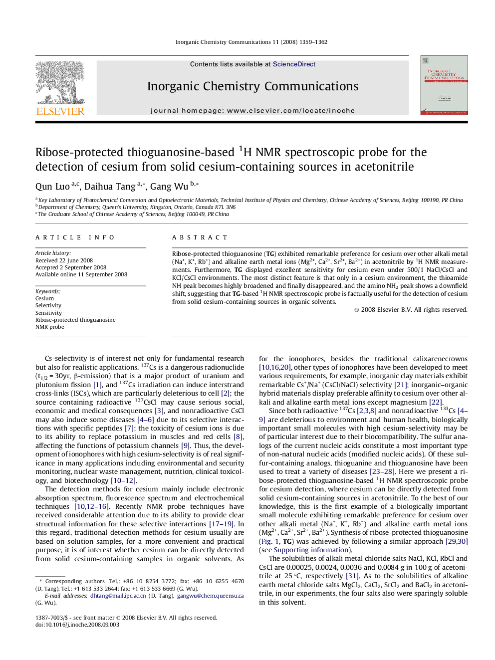 Ribose-protected thioguanosine-based 1H NMR spectroscopic probe for the detection of cesium from solid cesium-containing sources in acetonitrile