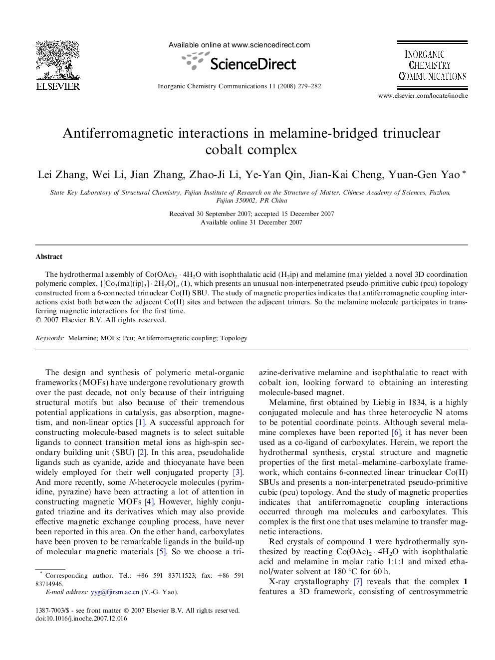 Antiferromagnetic interactions in melamine-bridged trinuclear cobalt complex