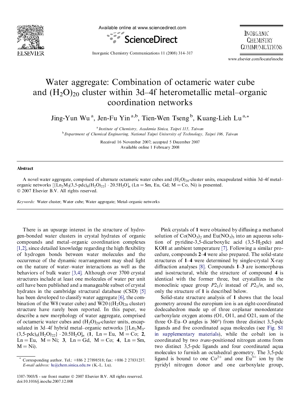 Water aggregate: Combination of octameric water cube and (H2O)20 cluster within 3d–4f heterometallic metal–organic coordination networks