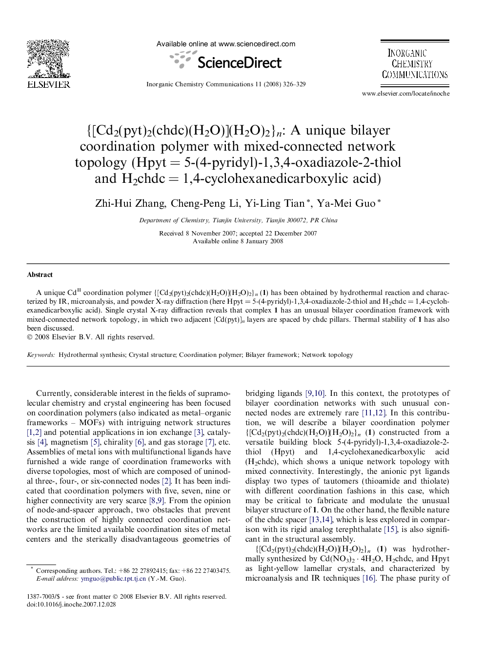 {[Cd2(pyt)2(chdc)(H2O)](H2O)2}n: A unique bilayer coordination polymer with mixed-connected network topology (Hpyt = 5-(4-pyridyl)-1,3,4-oxadiazole-2-thiol and H2chdc = 1,4-cyclohexanedicarboxylic acid)