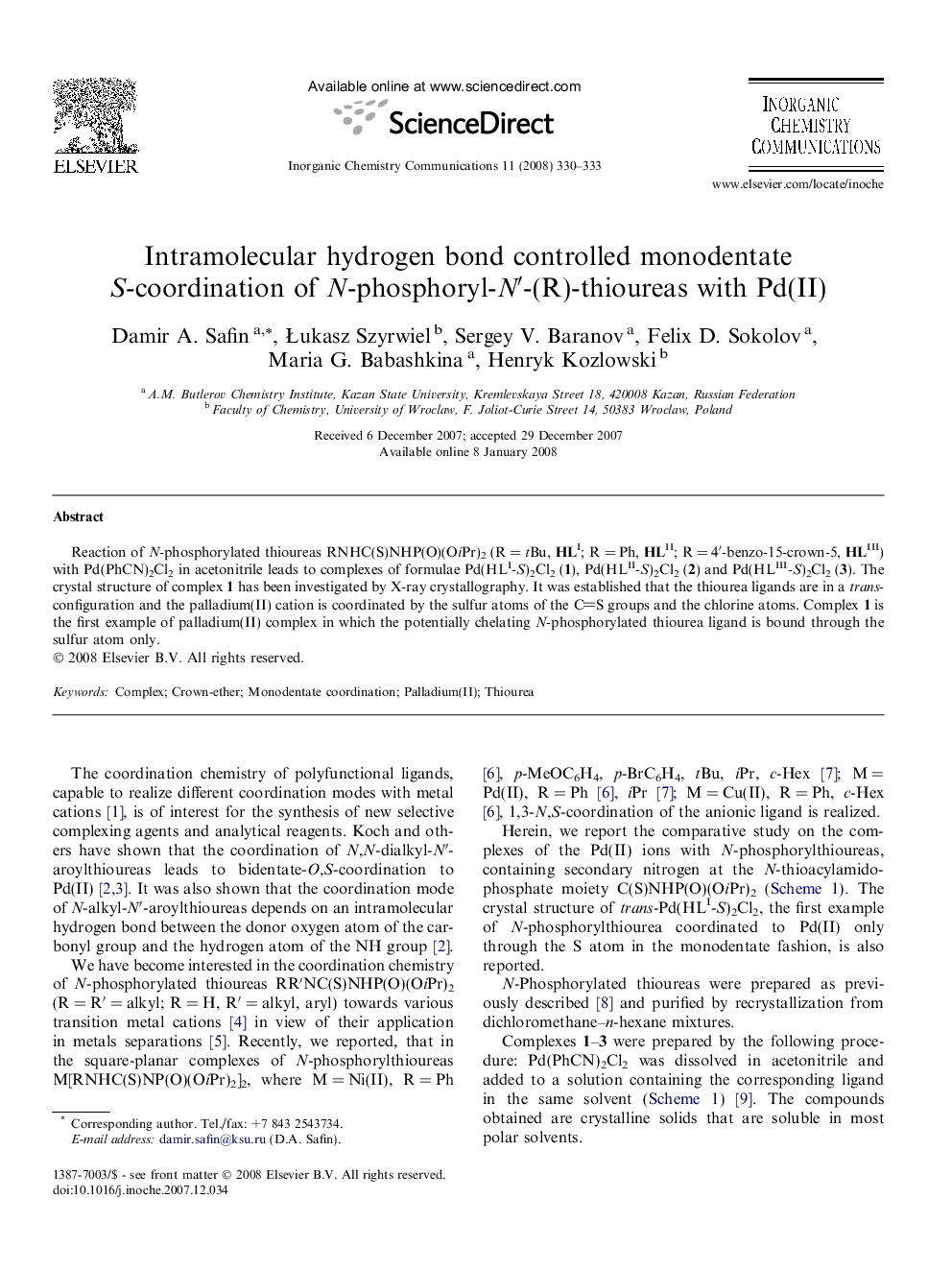 Intramolecular hydrogen bond controlled monodentate S-coordination of N-phosphoryl-N′-(R)-thioureas with Pd(II)