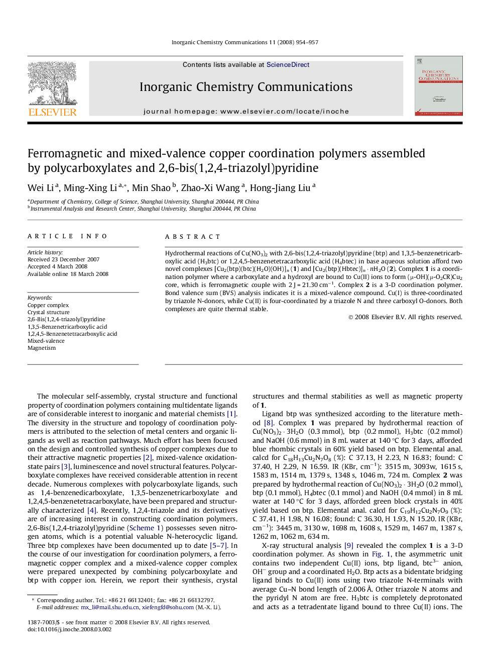 Ferromagnetic and mixed-valence copper coordination polymers assembled by polycarboxylates and 2,6-bis(1,2,4-triazolyl)pyridine