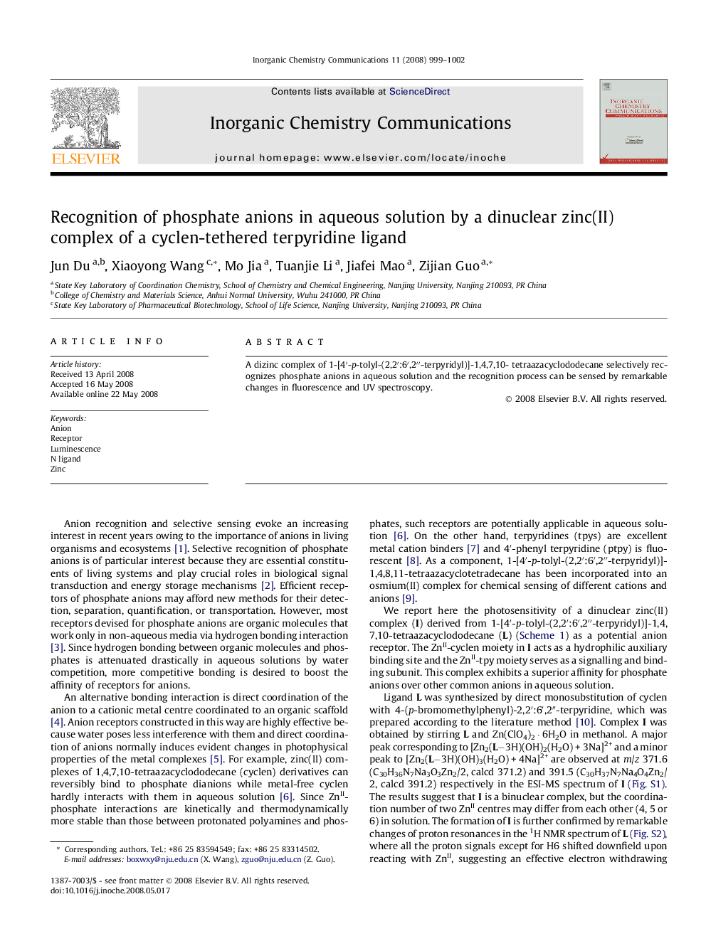 Recognition of phosphate anions in aqueous solution by a dinuclear zinc(II) complex of a cyclen-tethered terpyridine ligand