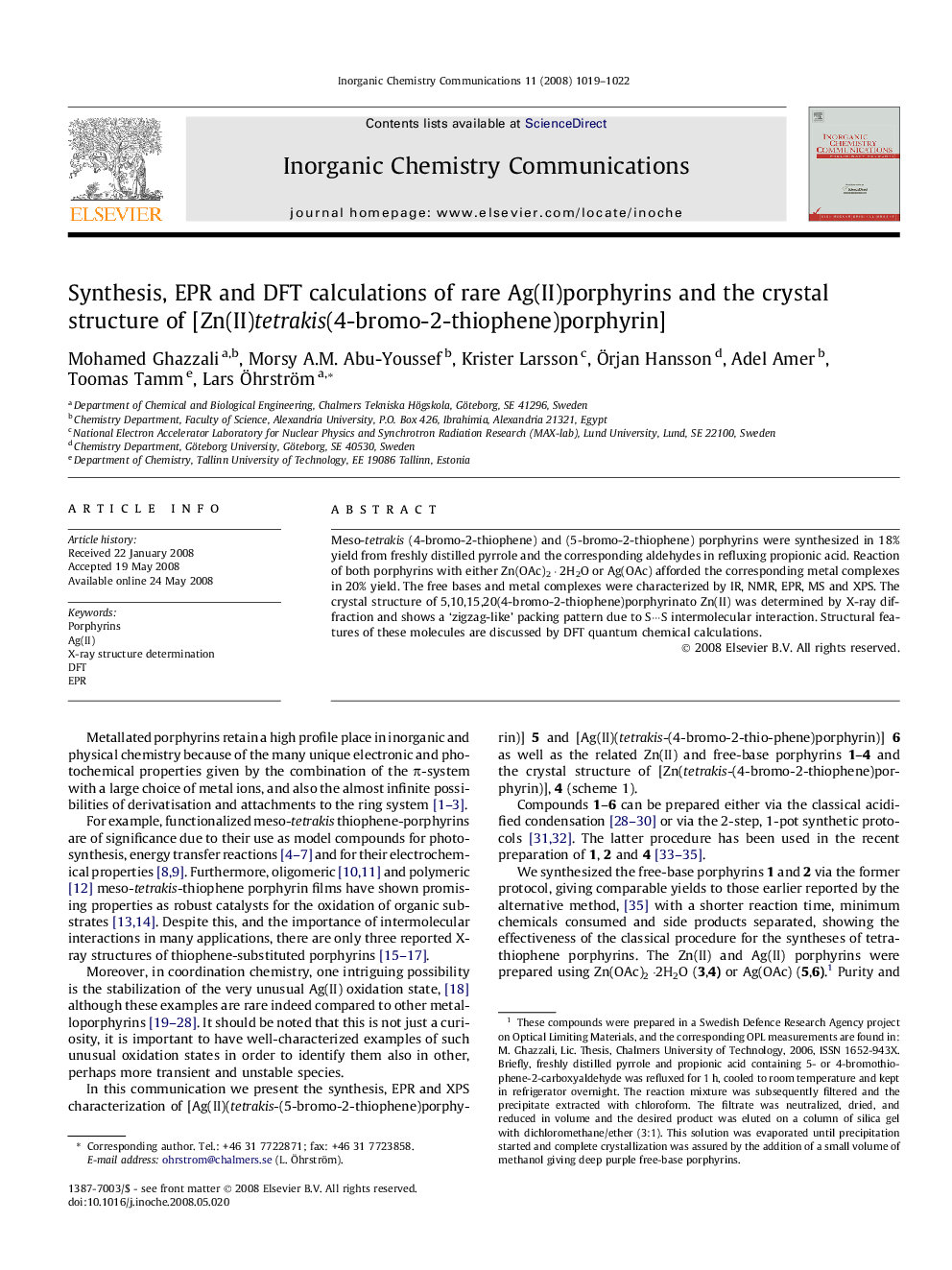 Synthesis, EPR and DFT calculations of rare Ag(II)porphyrins and the crystal structure of [Zn(II)tetrakis(4-bromo-2-thiophene)porphyrin]