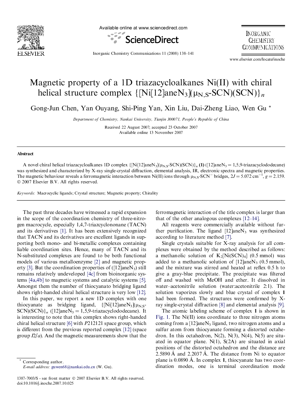 Magnetic property of a 1D triazacycloalkanes Ni(II) with chiral helical structure complex {[Ni[12]aneN3](Î¼N,S-SCN)(SCN)}n