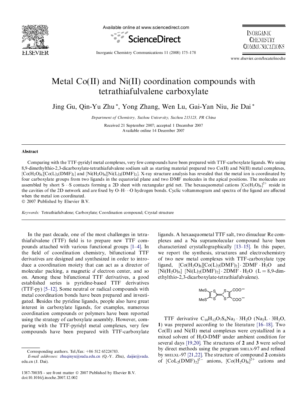 Metal Co(II) and Ni(II) coordination compounds with tetrathiafulvalene carboxylate