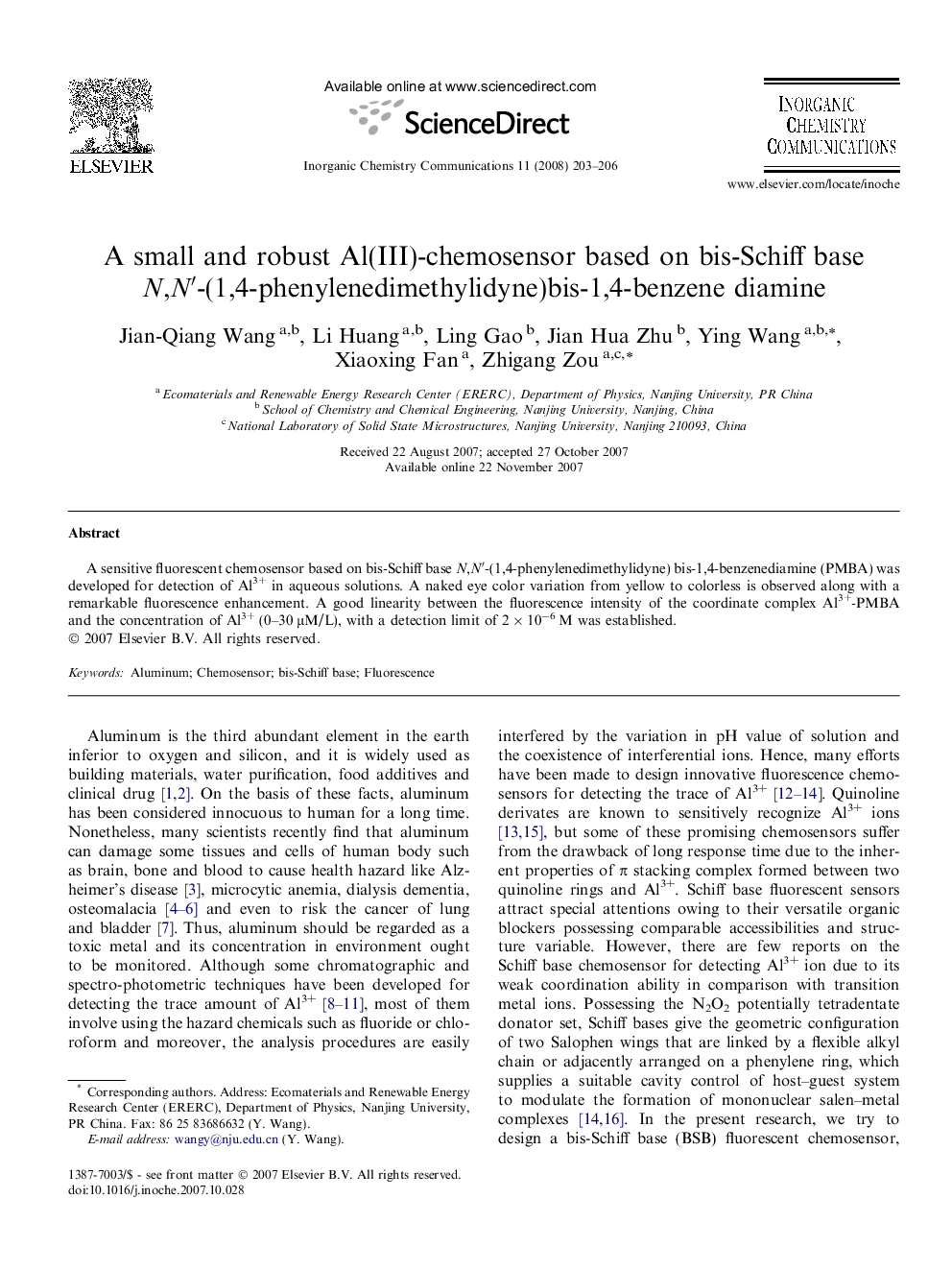 A small and robust Al(III)-chemosensor based on bis-Schiff base N,N′-(1,4-phenylenedimethylidyne)bis-1,4-benzene diamine