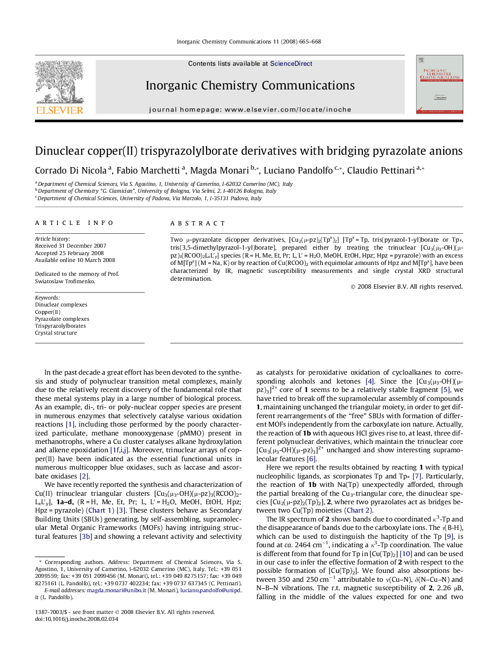 Dinuclear copper(II) trispyrazolylborate derivatives with bridging pyrazolate anions