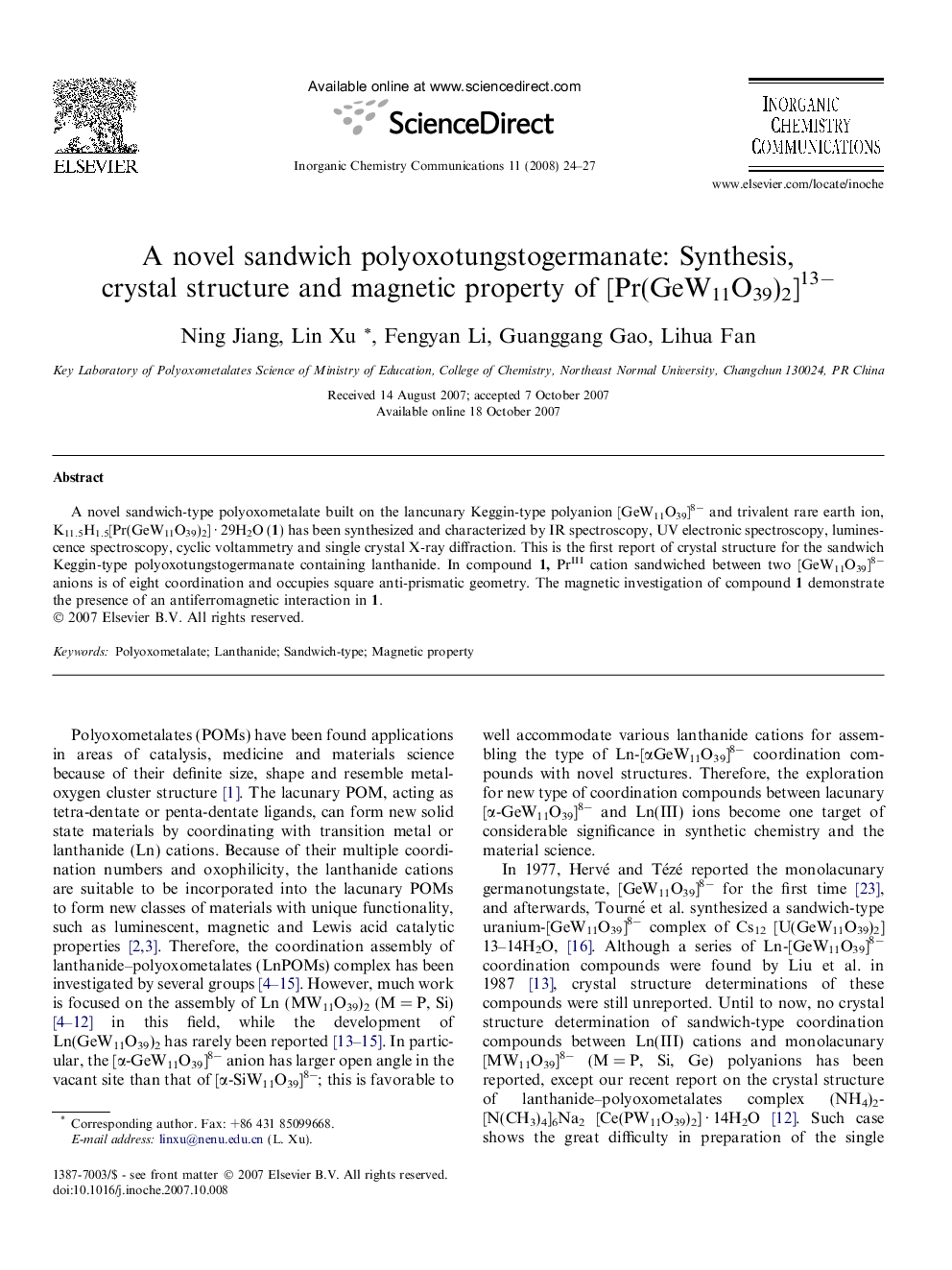 A novel sandwich polyoxotungstogermanate: Synthesis, crystal structure and magnetic property of [Pr(GeW11O39)2]13−