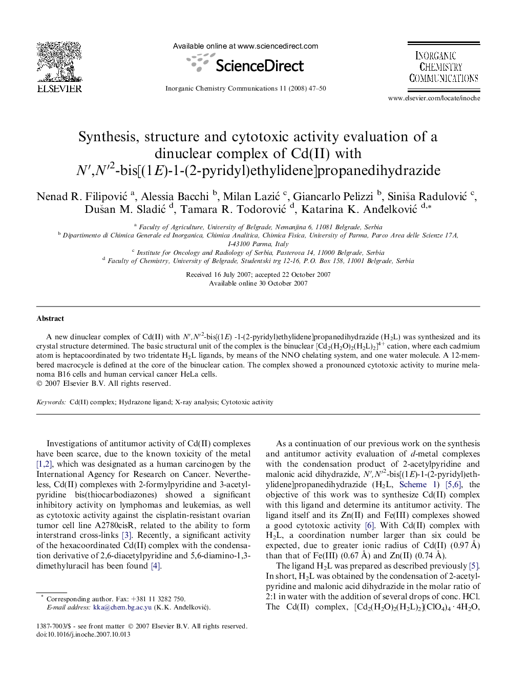 Synthesis, structure and cytotoxic activity evaluation of a dinuclear complex of Cd(II) with Nâ²,Nâ²2-bis[(1E)-1-(2-pyridyl)ethylidene]propanedihydrazide