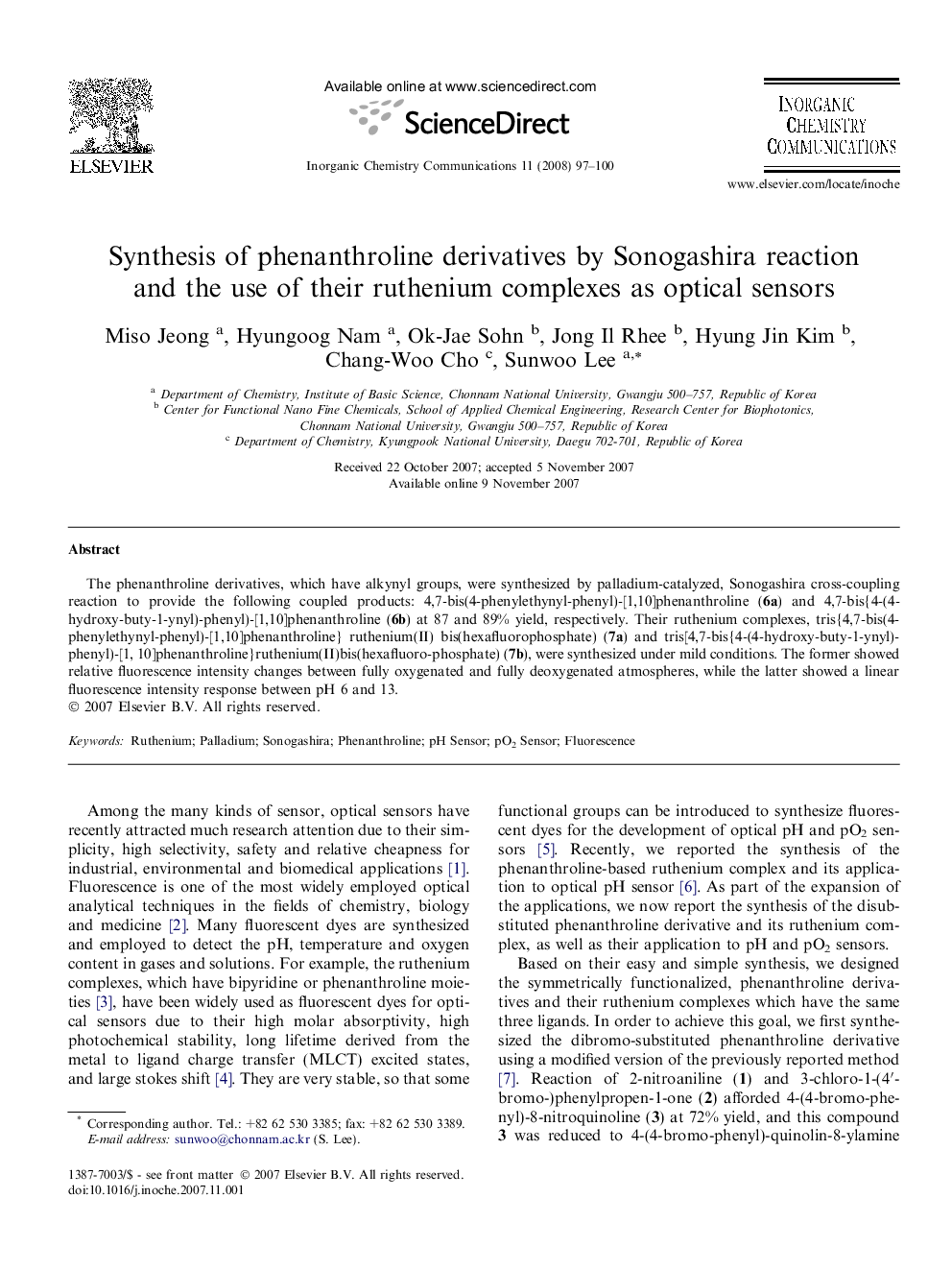 Synthesis of phenanthroline derivatives by Sonogashira reaction and the use of their ruthenium complexes as optical sensors