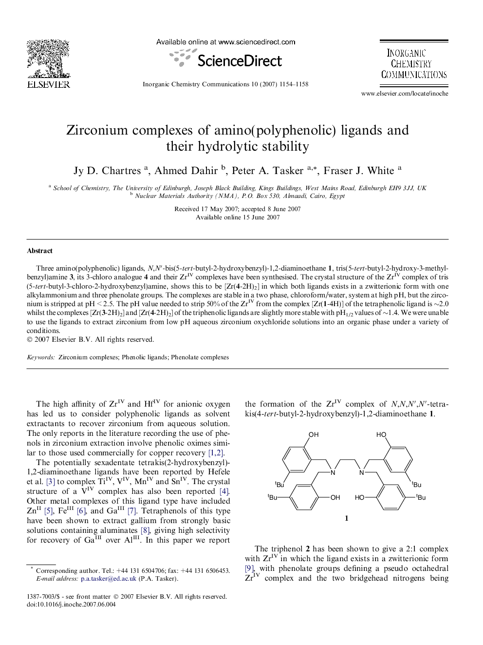 Zirconium complexes of amino(polyphenolic) ligands and their hydrolytic stability