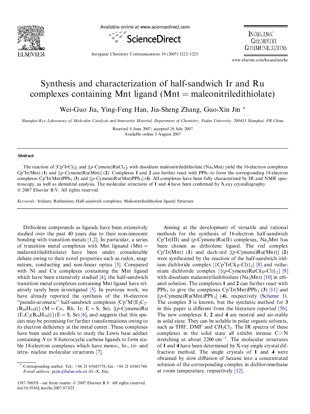 Synthesis and characterization of half-sandwich Ir and Ru complexes containing Mnt ligand (MntÂ =Â maleonitriledithiolate)