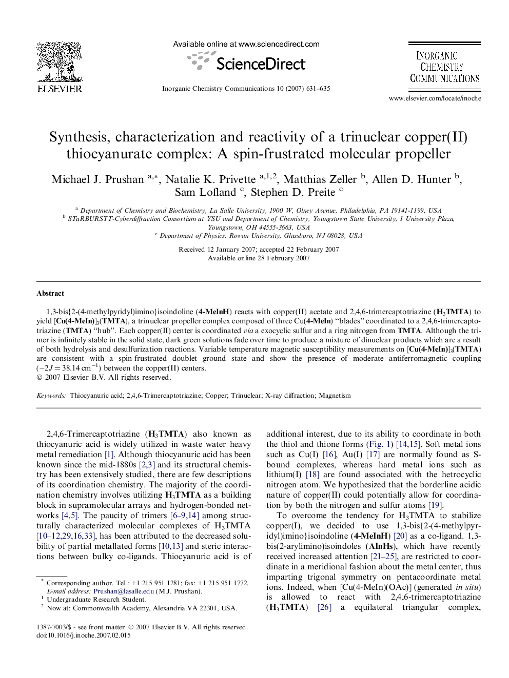 Synthesis, characterization and reactivity of a trinuclear copper(II) thiocyanurate complex: A spin-frustrated molecular propeller