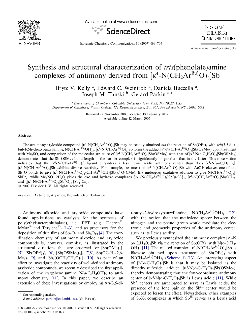 Synthesis and structural characterization of tris  (phenolate)amine complexes of antimony derived from [κ4-N(CH2ArBu2tO)3]Sb