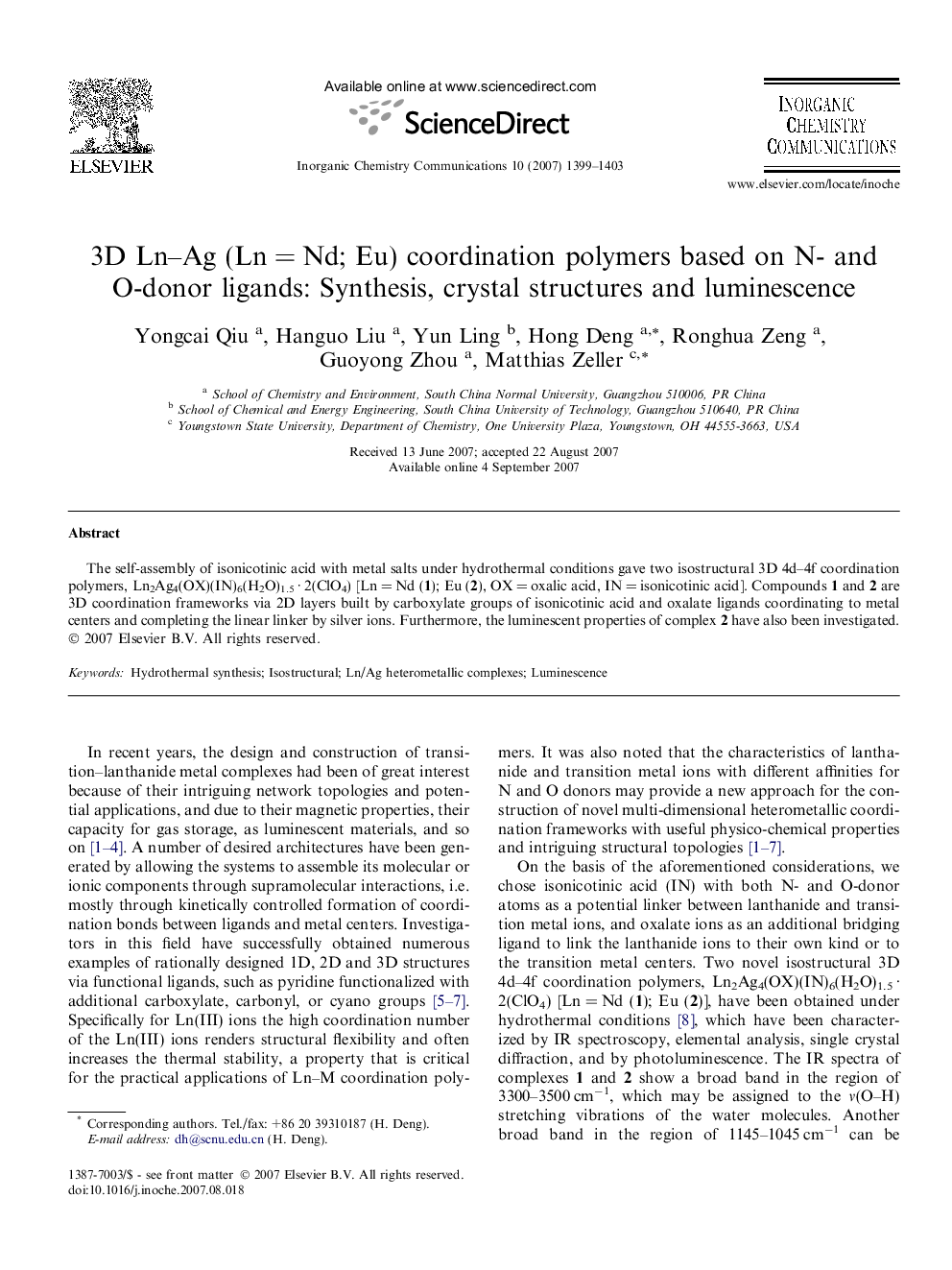 3D Ln-Ag (LnÂ =Â Nd; Eu) coordination polymers based on N- and O-donor ligands: Synthesis, crystal structures and luminescence