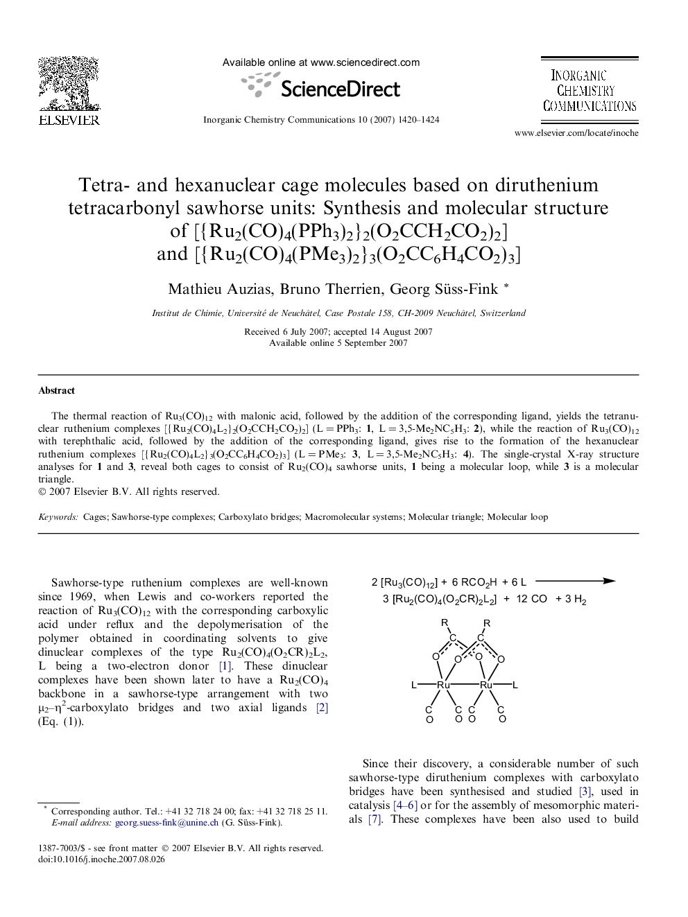 Tetra- and hexanuclear cage molecules based on diruthenium tetracarbonyl sawhorse units: Synthesis and molecular structure of [{Ru2(CO)4(PPh3)2}2(O2CCH2CO2)2] and [{Ru2(CO)4(PMe3)2}3(O2CC6H4CO2)3]