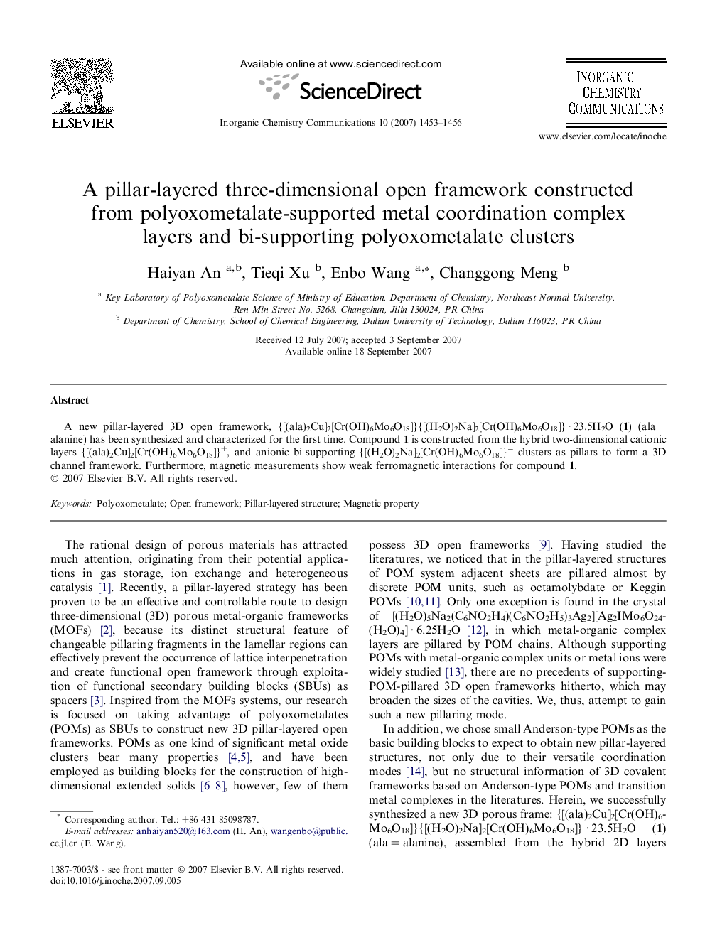 A pillar-layered three-dimensional open framework constructed from polyoxometalate-supported metal coordination complex layers and bi-supporting polyoxometalate clusters