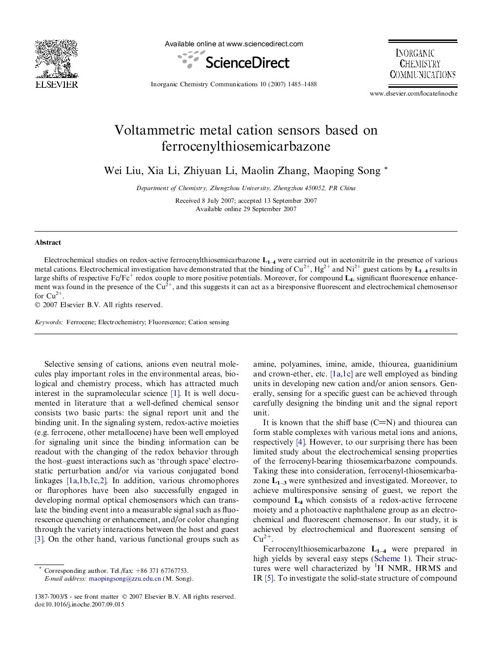 Voltammetric metal cation sensors based on ferrocenylthiosemicarbazone