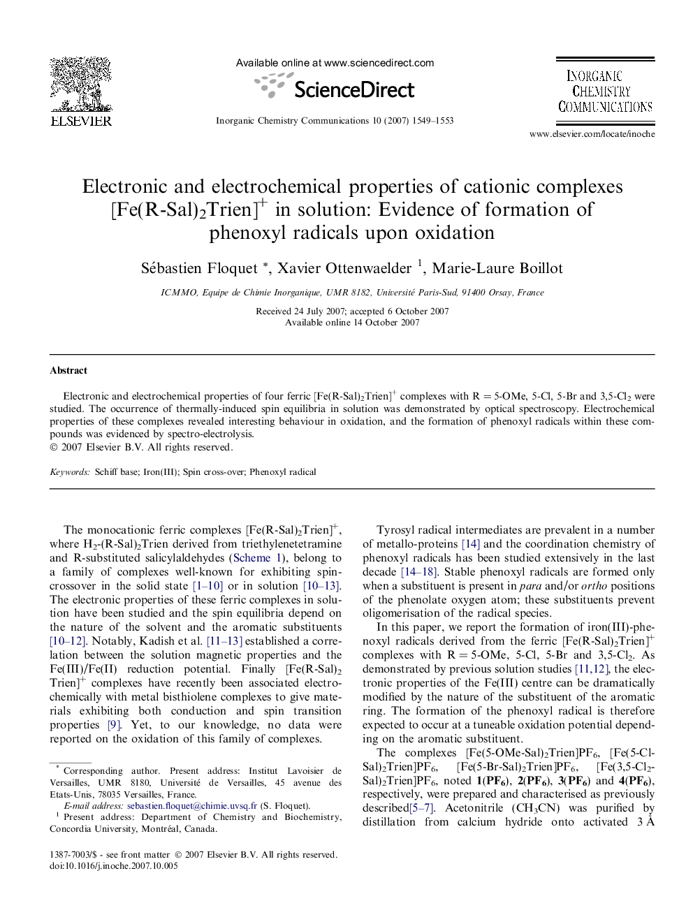 Electronic and electrochemical properties of cationic complexes [Fe(R-Sal)2Trien]+ in solution: Evidence of formation of phenoxyl radicals upon oxidation