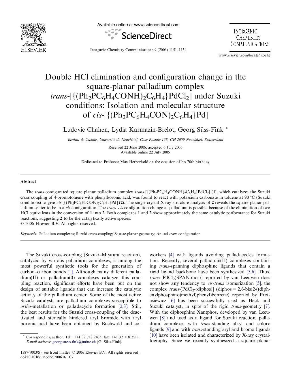 Double HCl elimination and configuration change in the square-planar palladium complex trans-[{(Ph2PC6H4CONH)2C6H4}PdCl2] under Suzuki conditions: Isolation and molecular structure of cis-[{(Ph2PC6H4CON)2C6H4}Pd]