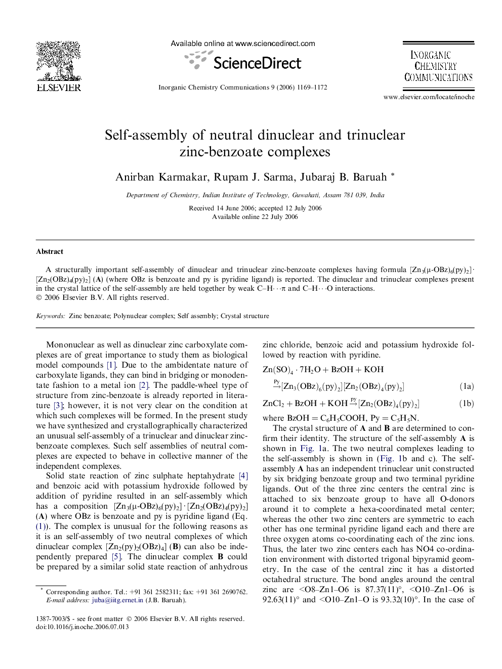 Self-assembly of neutral dinuclear and trinuclear zinc-benzoate complexes