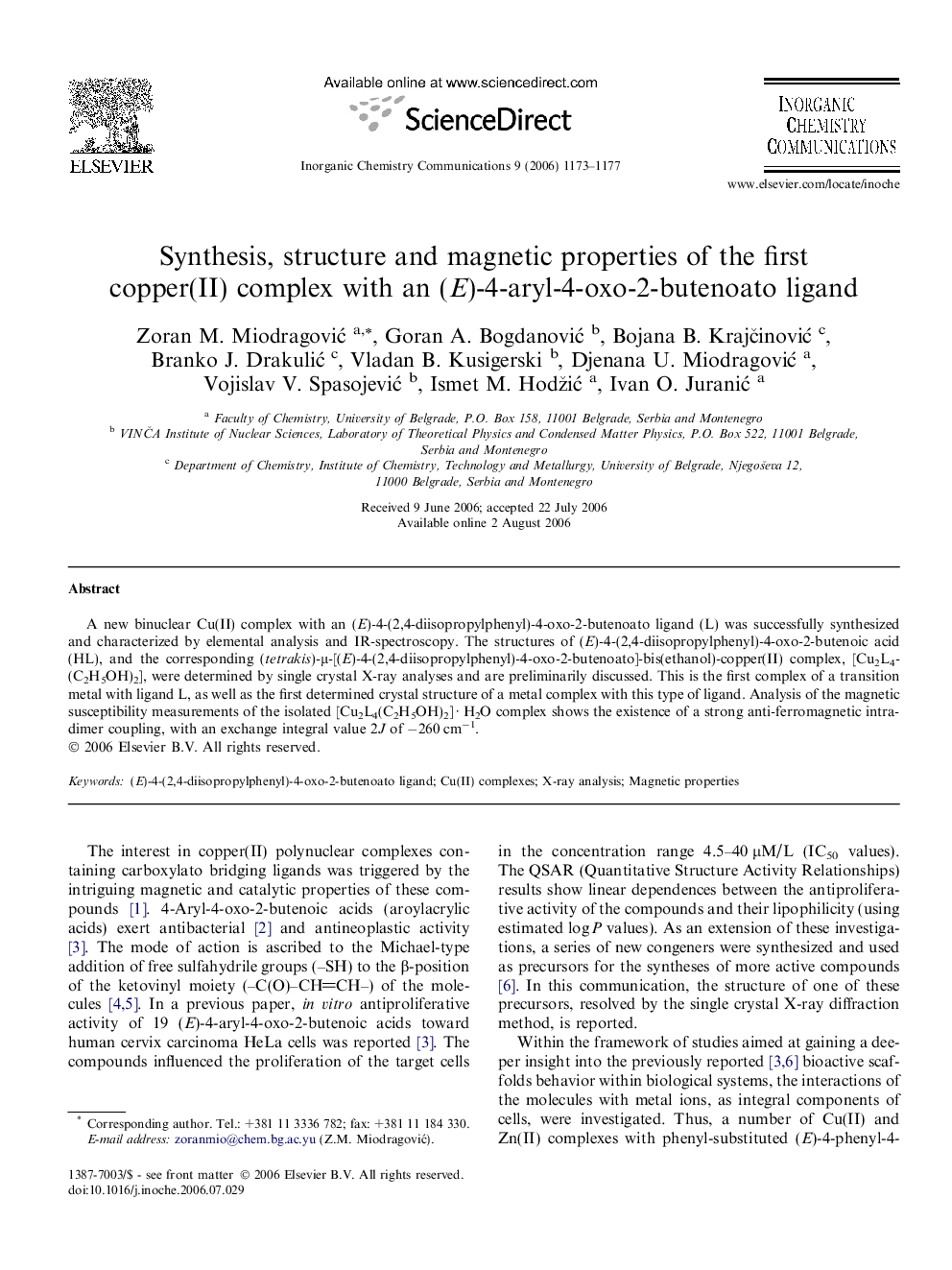 Synthesis, structure and magnetic properties of the first copper(II) complex with an (E)-4-aryl-4-oxo-2-butenoato ligand