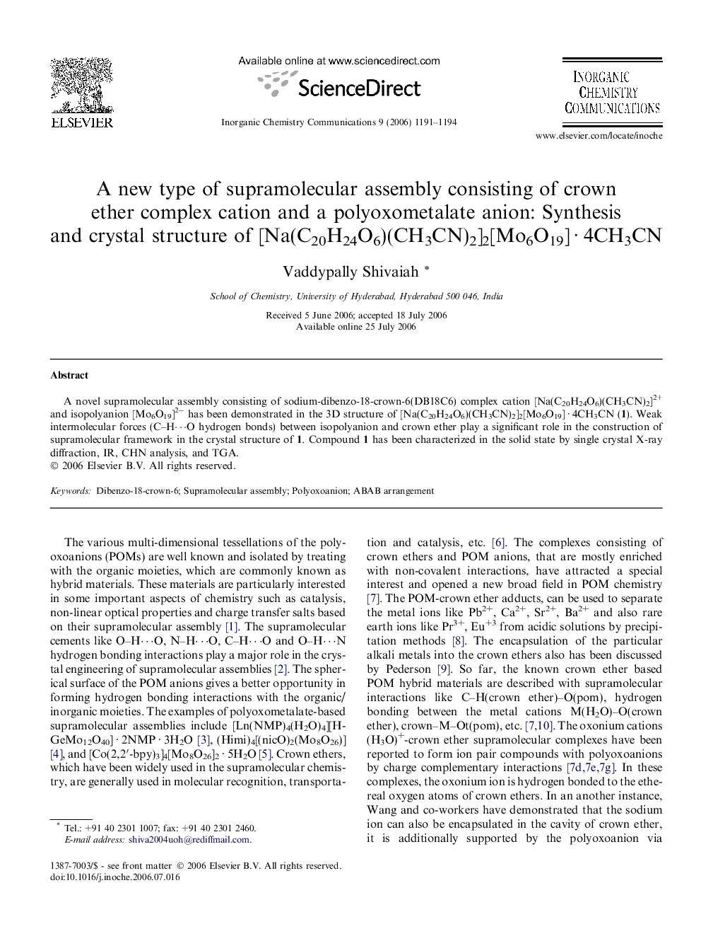 A new type of supramolecular assembly consisting of crown ether complex cation and a polyoxometalate anion: Synthesis and crystal structure of [Na(C20H24O6)(CH3CN)2]2[Mo6O19]Â Â·Â 4CH3CN