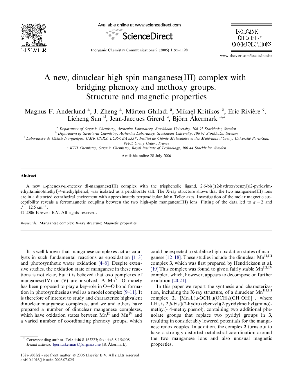 A new, dinuclear high spin manganese(III) complex with bridging phenoxy and methoxy groups. Structure and magnetic properties