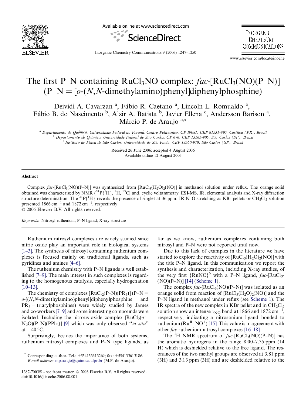 The first P–N containing RuCl3NO complex: fac-[RuCl3(NO)(P–N)] (P–N = [o-(N,N-dimethylamino)phenyl]diphenylphosphine)