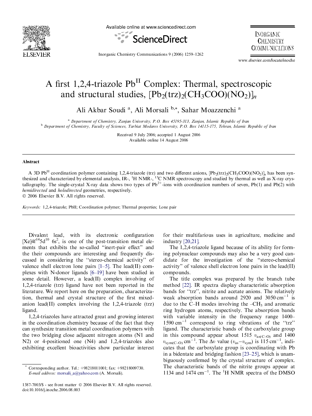 A first 1,2,4-triazole PbII Complex: Thermal, spectroscopic and structural studies, [Pb2(trz)2(CH3COO)(NO2)]n