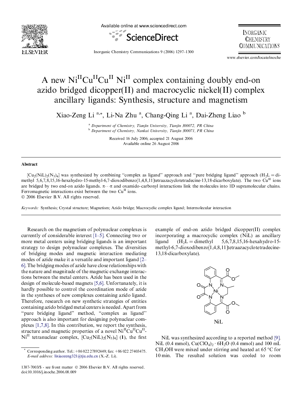 A new NiIICuIICuII NiII complex containing doubly end-on azido bridged dicopper(II) and macrocyclic nickel(II) complex ancillary ligands: Synthesis, structure and magnetism