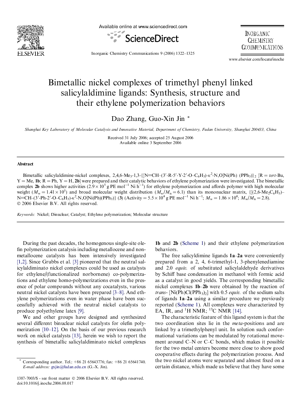 Bimetallic nickel complexes of trimethyl phenyl linked salicylaldimine ligands: Synthesis, structure and their ethylene polymerization behaviors