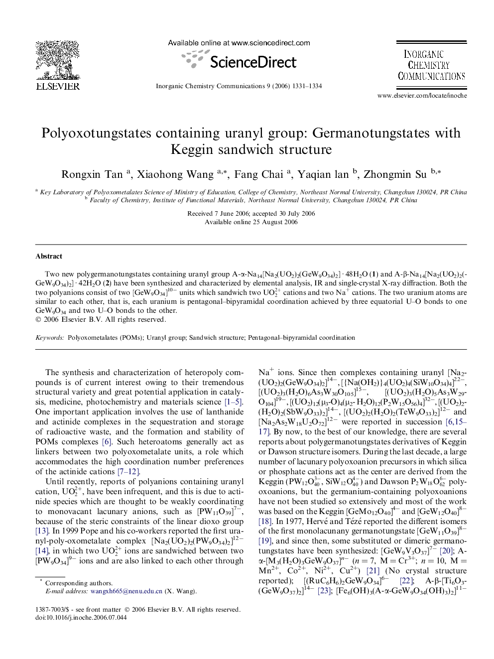 Polyoxotungstates containing uranyl group: Germanotungstates with Keggin sandwich structure