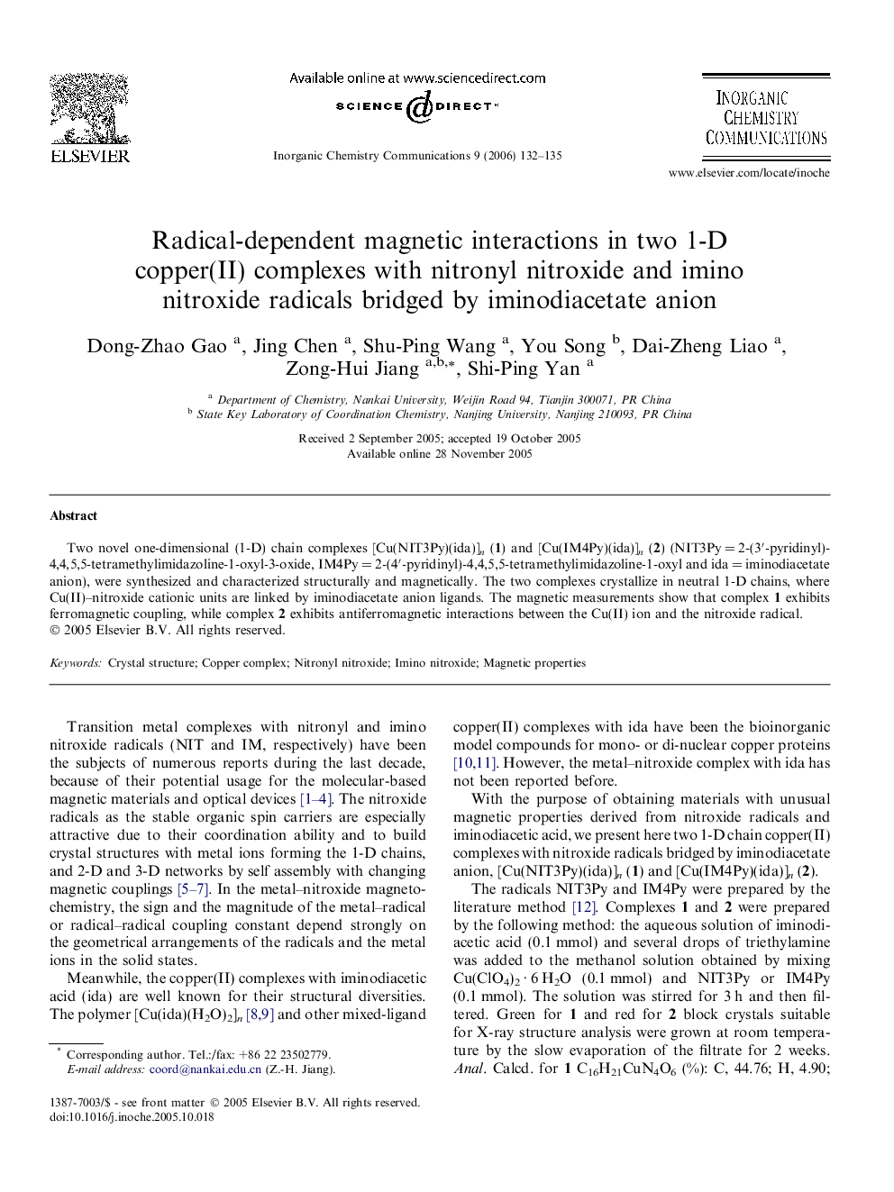 Radical-dependent magnetic interactions in two 1-D copper(II) complexes with nitronyl nitroxide and imino nitroxide radicals bridged by iminodiacetate anion