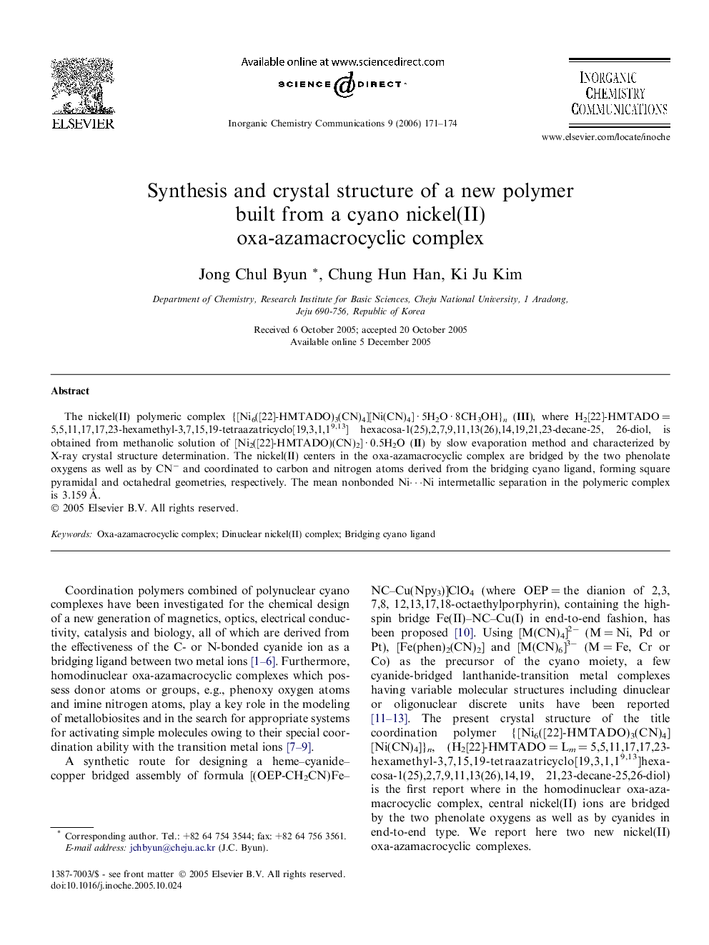 Synthesis and crystal structure of a new polymer built from a cyano nickel(II) oxa-azamacrocyclic complex