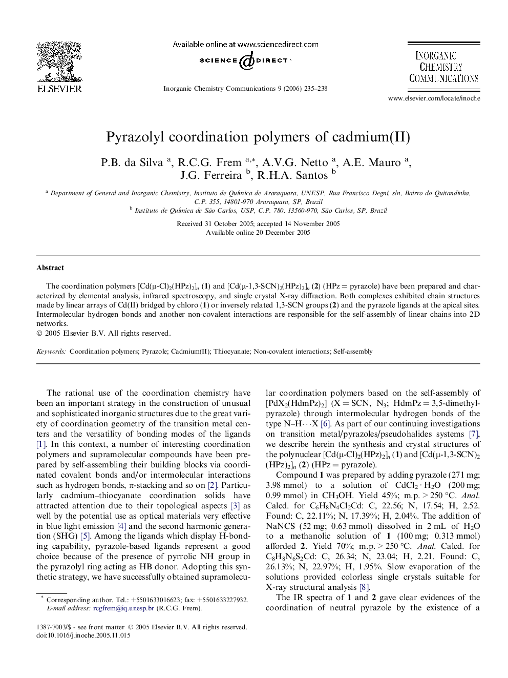 Pyrazolyl coordination polymers of cadmium(II)