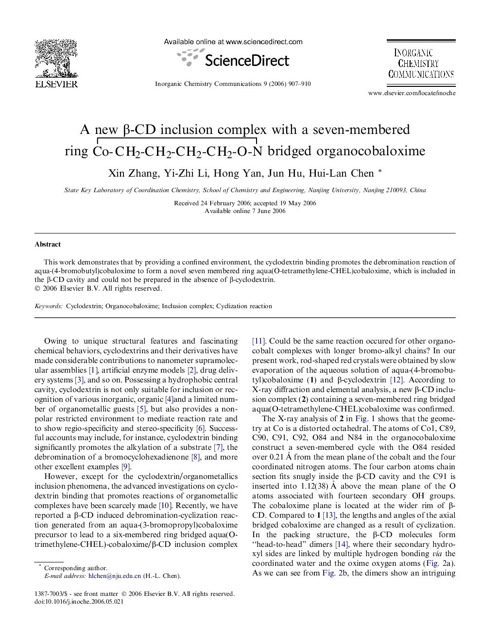 A new β-CD inclusion complex with a seven-membered ring  bridged organocobaloxime