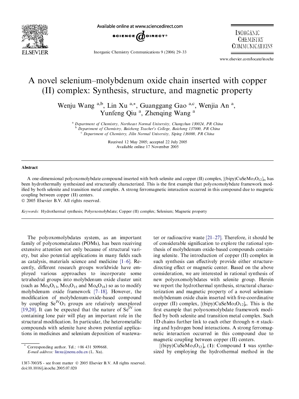 A novel selenium–molybdenum oxide chain inserted with copper (II) complex: Synthesis, structure, and magnetic property